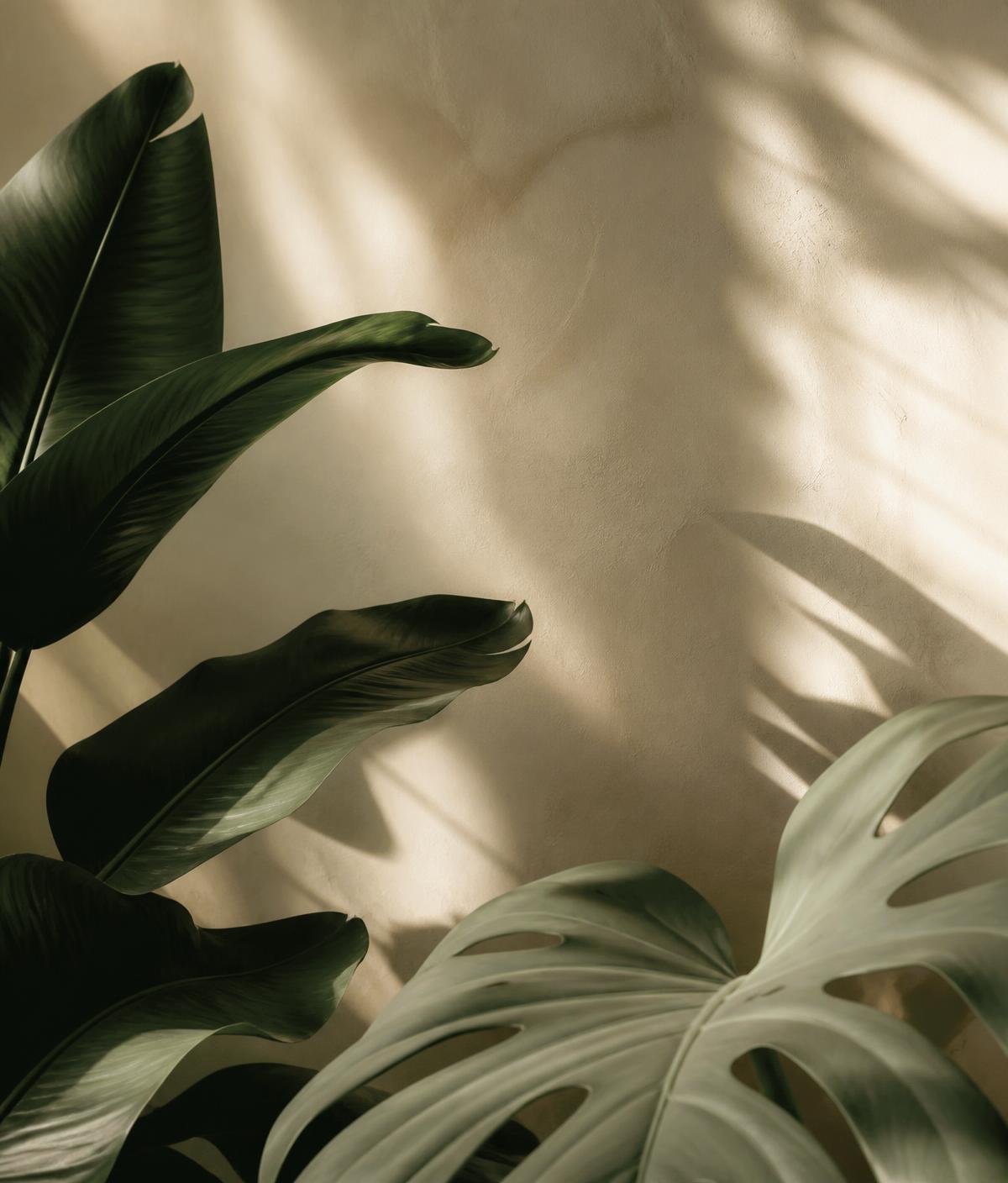 Tropical leaves casting soft shadows on a warm plaster wall