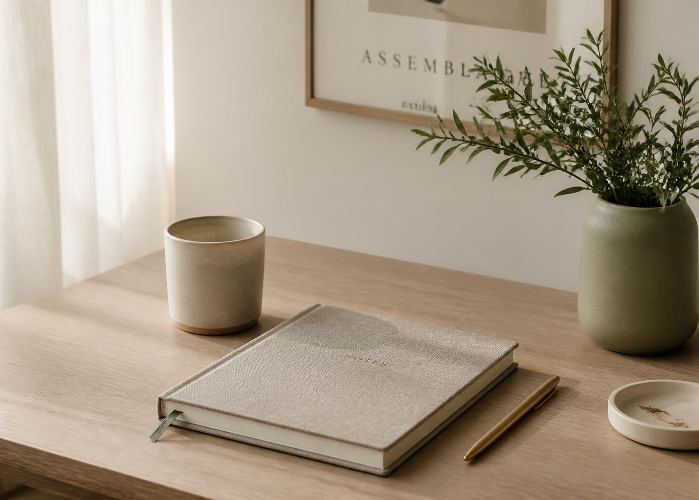 An organized desk with a linen notebook, ceramic cup, and greenery